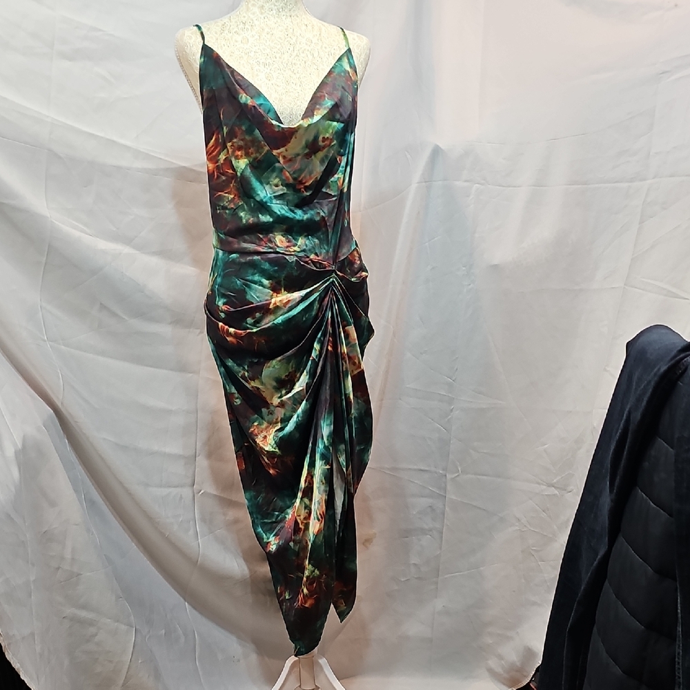 PrettyLittleThing Green Multi-Print Cowl Midi Slip Dress.  Sz 12